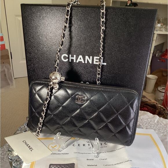 CHANEL CC QUILTED LAMBSKIN ZIP AROUND WALLET ON A CHAIN. Box & COA Included